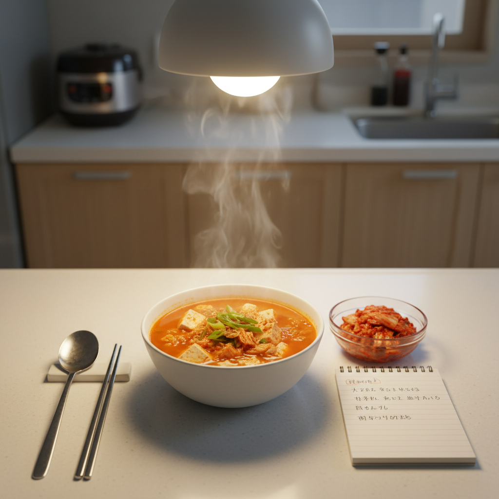 A neat Korean kitchen counter in photographic realism, centered on a simple white ceramic bowl of steaming kimchi jjigae, its vibrant red-orange broth dotted with tofu cubes and green onion. Around it, neatly arranged stainless steel chopsticks and spoon, a side dish of glistening kimchi, and a small notepad open to handwritten Japanese memos explaining colloquial Korean food phrases (unreadable). Warm, diffused evening light from an overhead lamp creates a homey glow and soft reflections on the metal utensils. Shot from a slightly elevated angle with rule-of-thirds composition, the background shows a modern but compact Korean kitchen, softly blurred, evoking the relaxed, real daily life of eating at home in Korea.